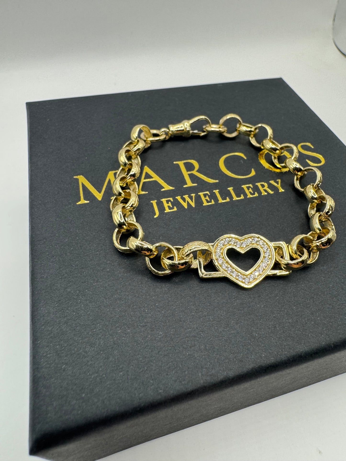 9ct Gold Tulip X Heart Bracelet CZ Stones 7" 13mm 14.6g