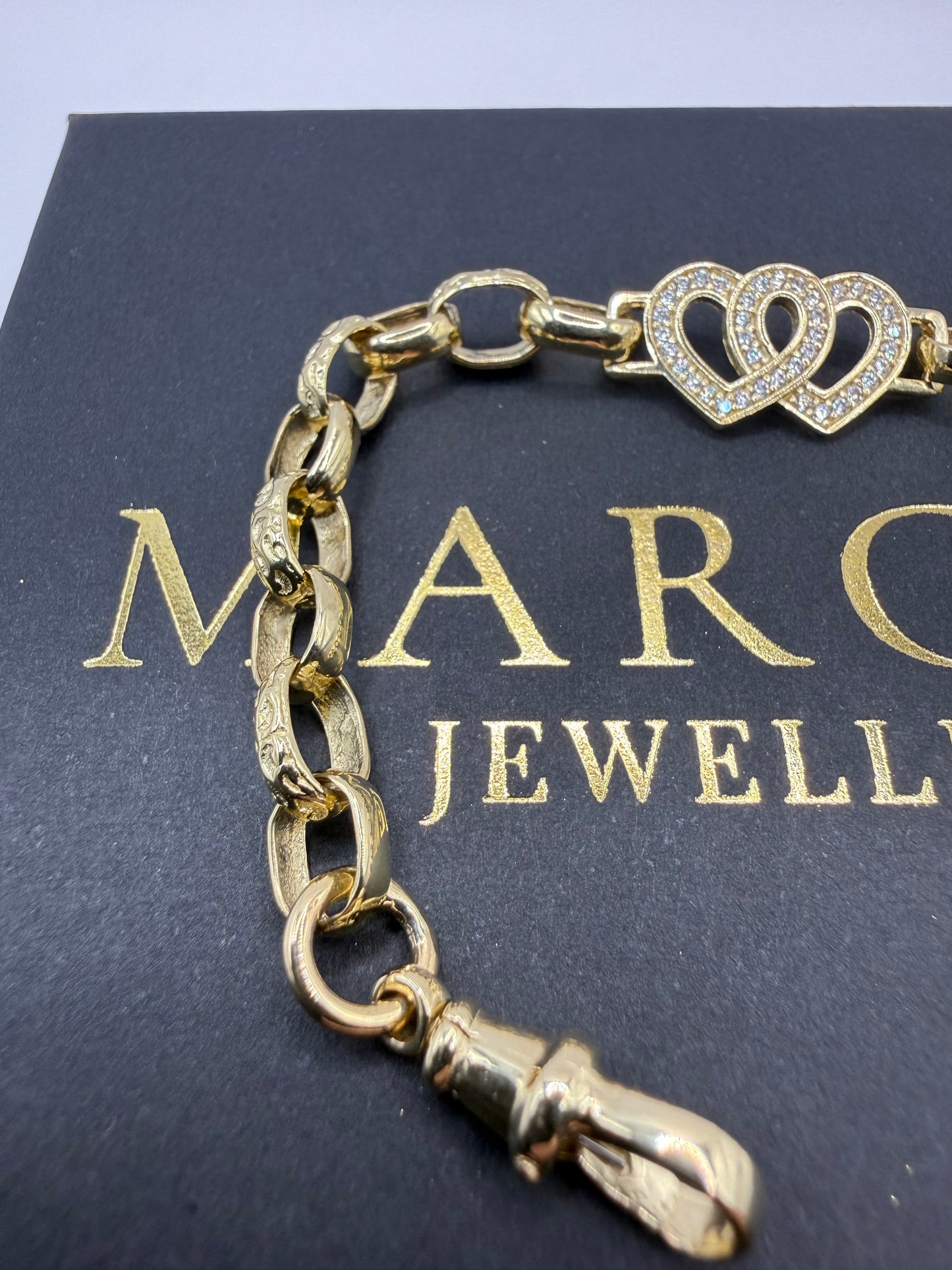 9ct Gold Belcher X Heart Bracelet CZ 6” 6-11mm 8.37g
