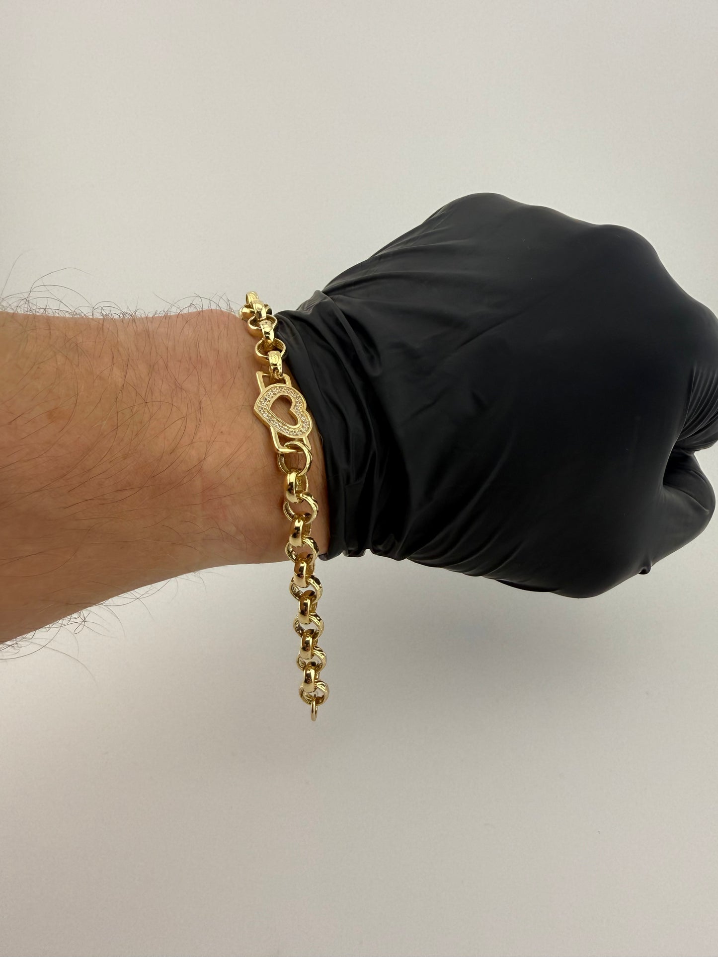 9ct Gold Belcher Heart Bracelet CZ Stones 7.25" 7-12mm 12.5g