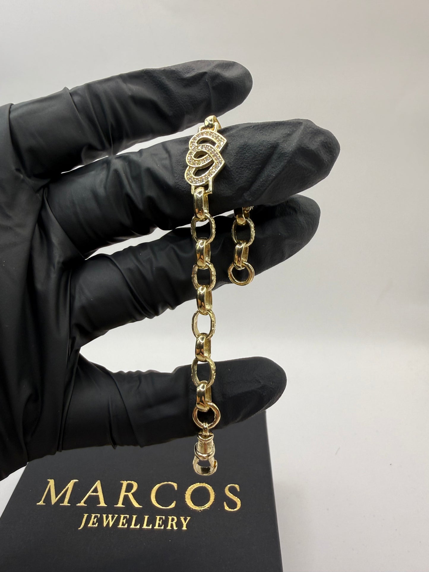 9ct Gold Belcher X Heart Bracelet CZ 6” 6-11mm 8.37g