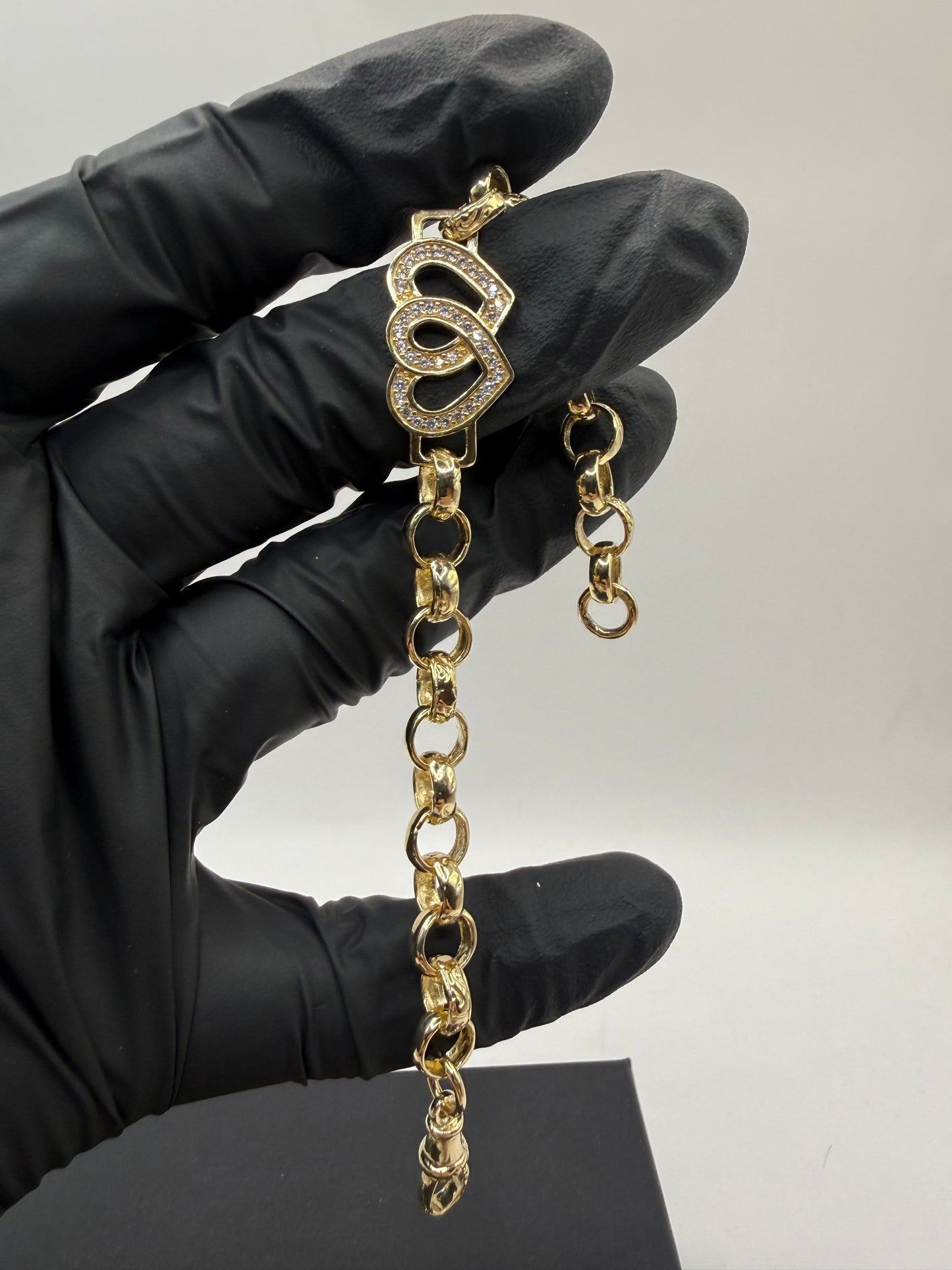 9ct Gold Belcher X Heart Bracelet CZ 7” 7-13mm 12.29g