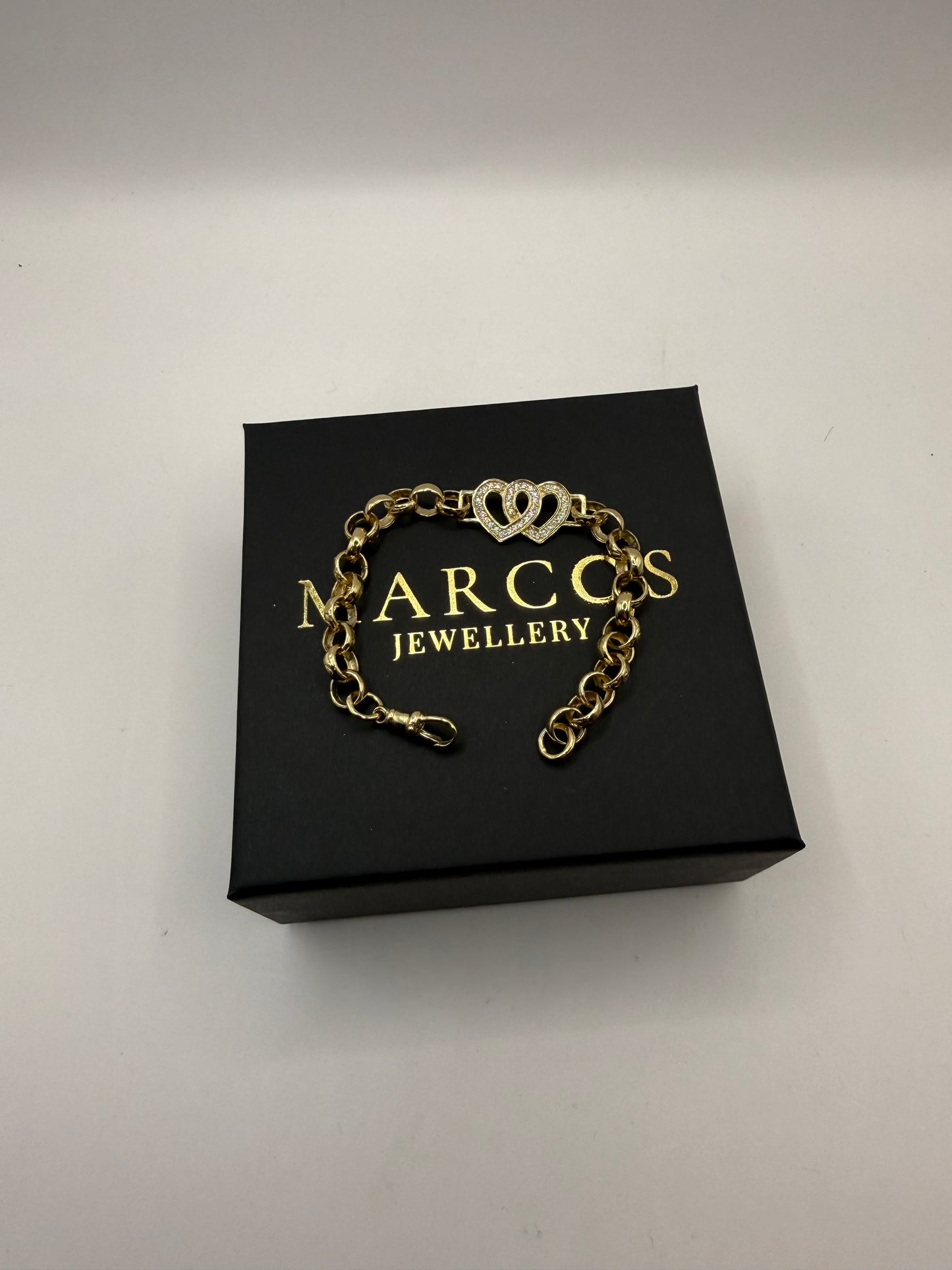 9ct Gold Belcher X Heart Bracelet CZ 7” 7-13mm 12.29g