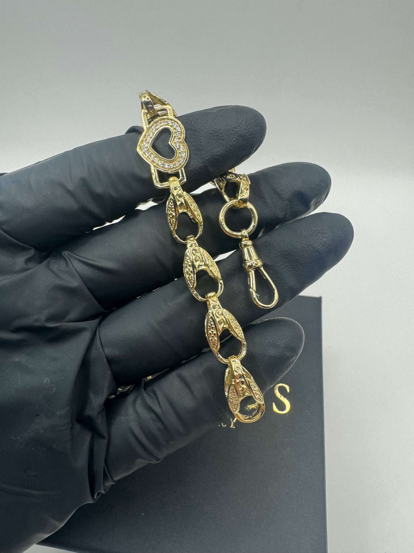 9ct Gold Tulip X Heart Bracelet CZ Stones 6.7" 8/12mm 14g