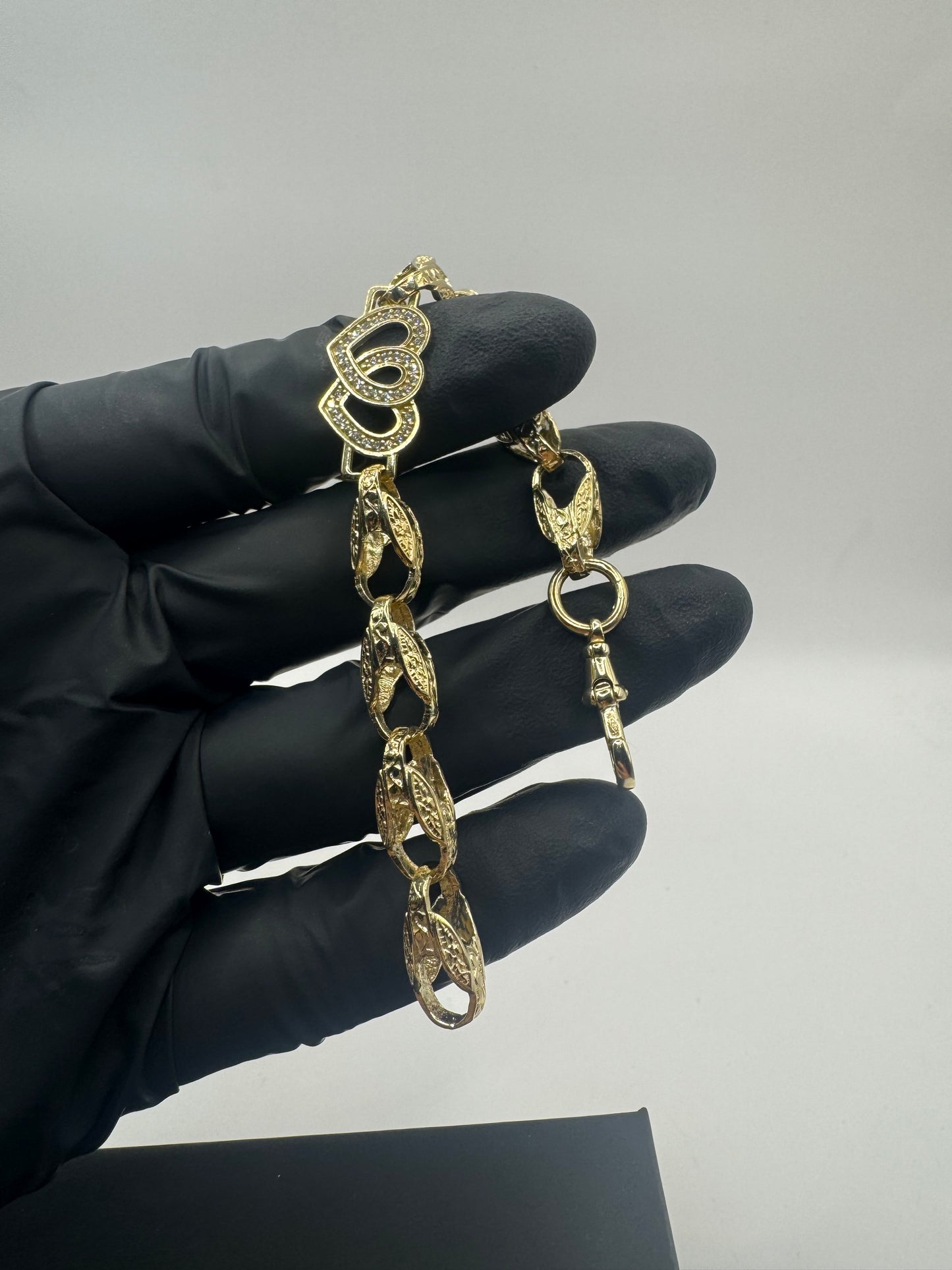 9ct Gold Tulip X Heart Bracelet CZ 6.85" 8/13mm 14.79g