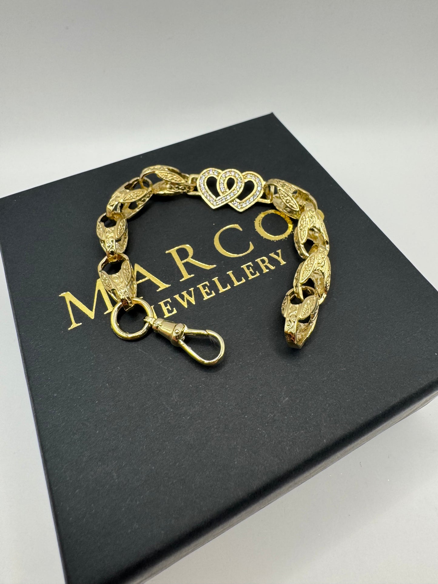 9ct Gold Tulip X Heart Bracelet CZ 6.85" 8/13mm 14.79g