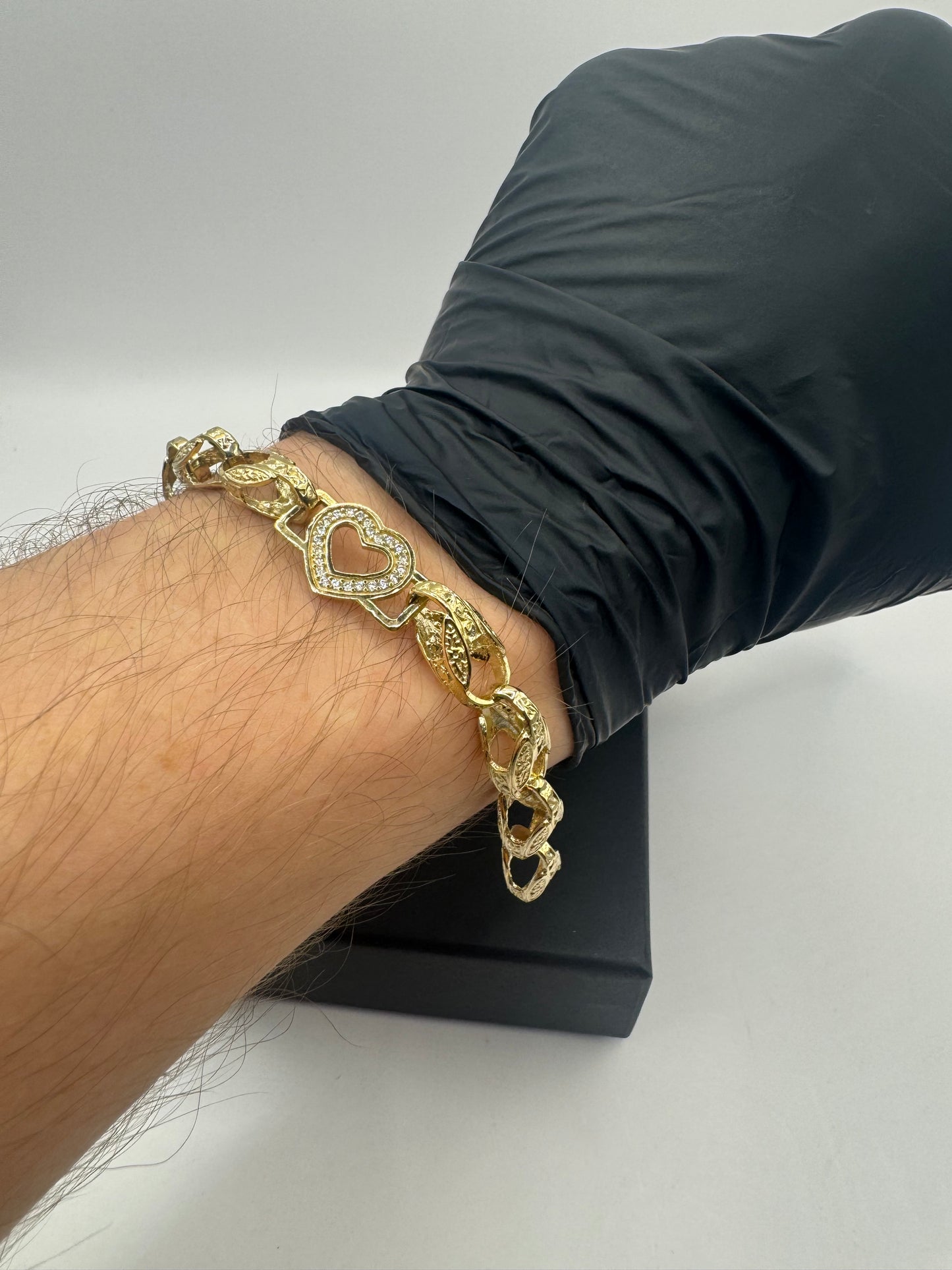9ct Gold Tulip X Heart Bracelet CZ Stones 6.7" 8/12mm 14g