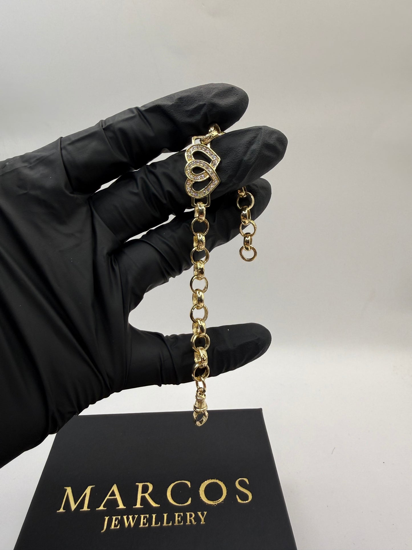 9ct Gold Belcher X Heart Bracelet CZ 7” 7-13mm 12.29g