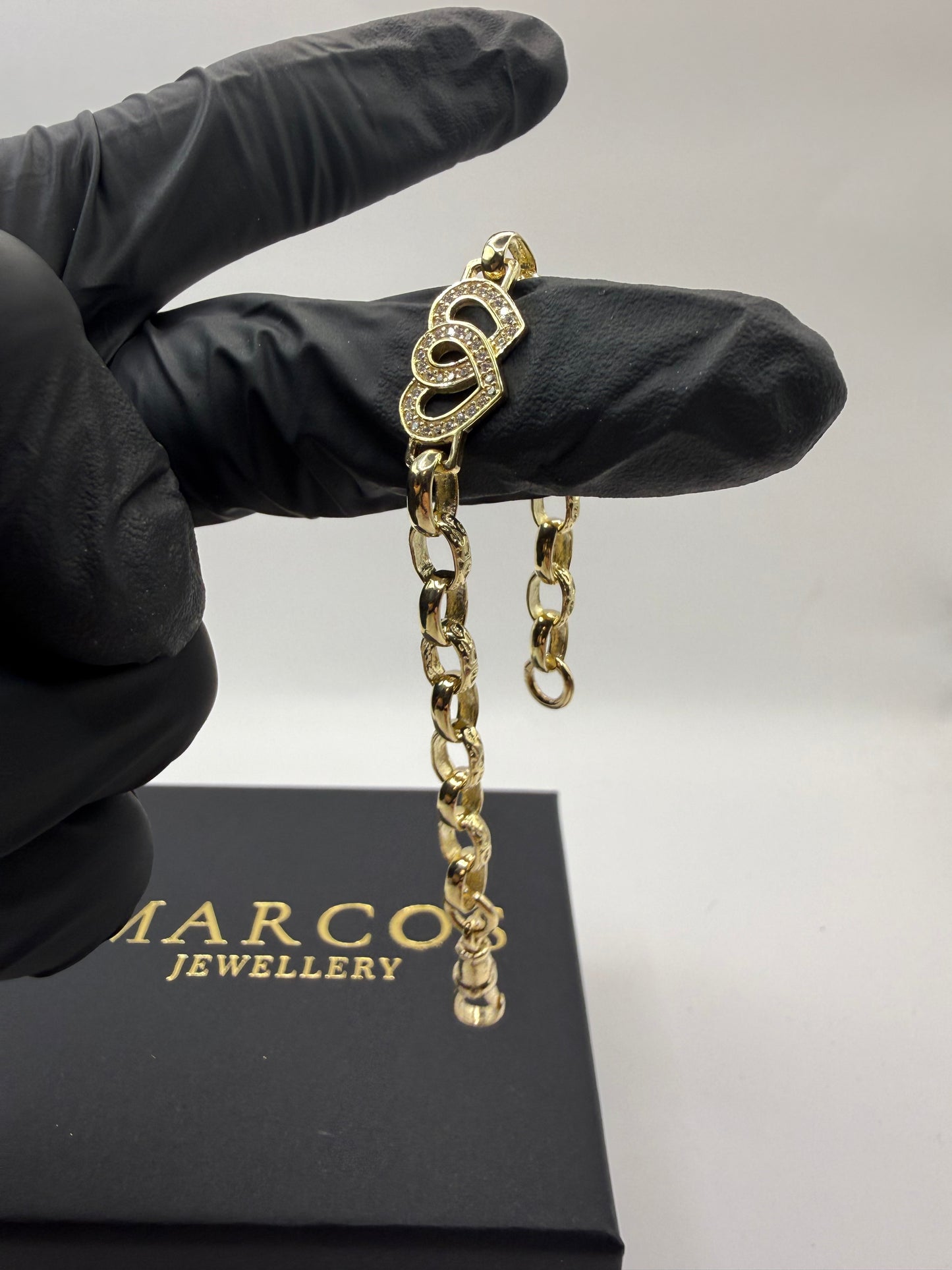 9ct Gold Belcher X Heart Bracelet CZ 6” 6-11mm 8.37g