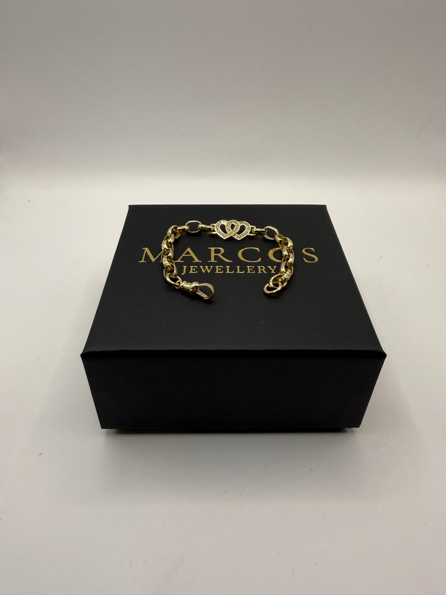 9ct Gold Belcher X Heart Bracelet CZ 6” 6-11mm 8.37g