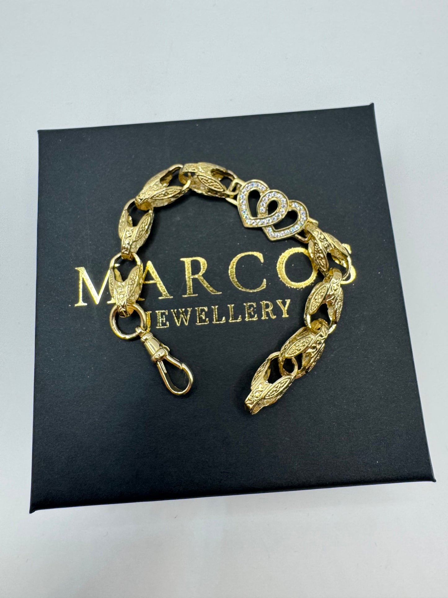 9ct Gold Tulip X Heart Bracelet CZ 6.85" 8/13mm 14.79g