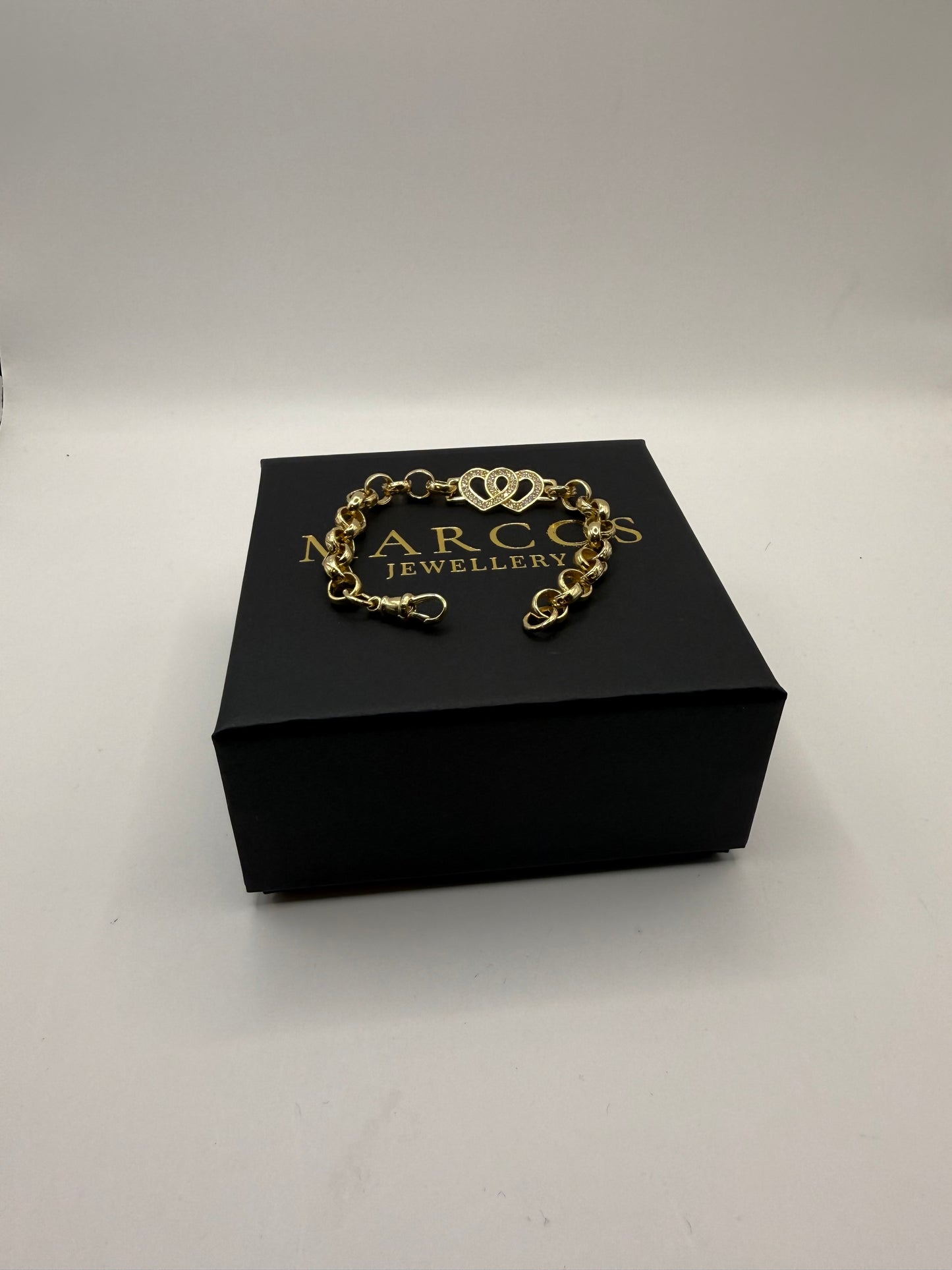 9ct Gold Belcher X Heart Bracelet CZ 7” 7-13mm 12.29g