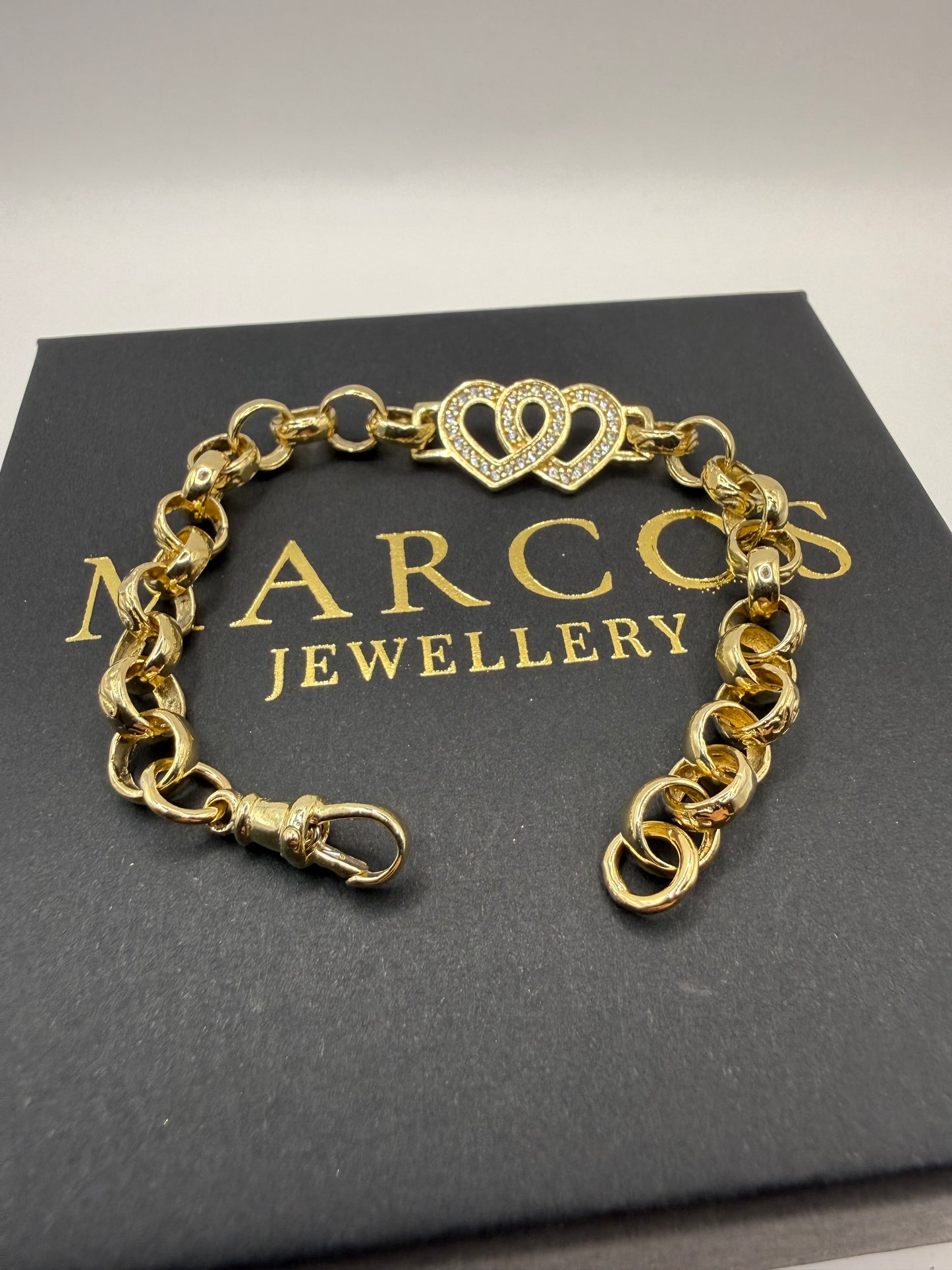 9ct Gold Belcher X Heart Bracelet CZ 7” 7-13mm 12.29g