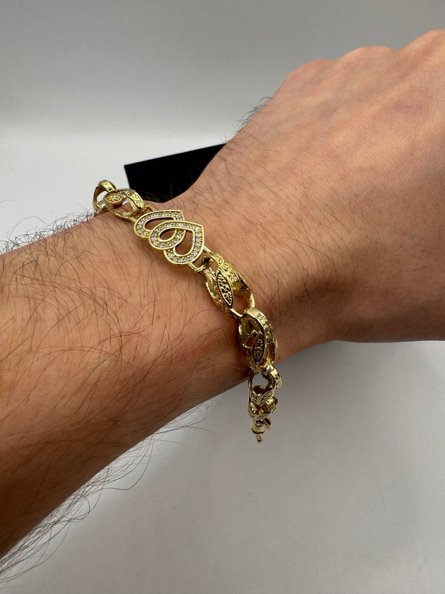 9ct Gold Tulip X Heart Bracelet CZ 6.85" 8/13mm 14.79g