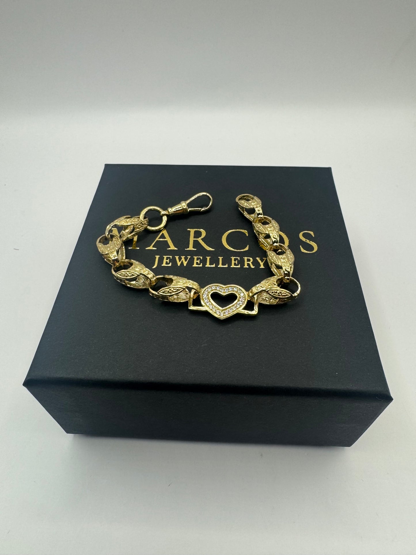 9ct Gold Tulip X Heart Bracelet CZ Stones 6.7" 8/12mm 14g
