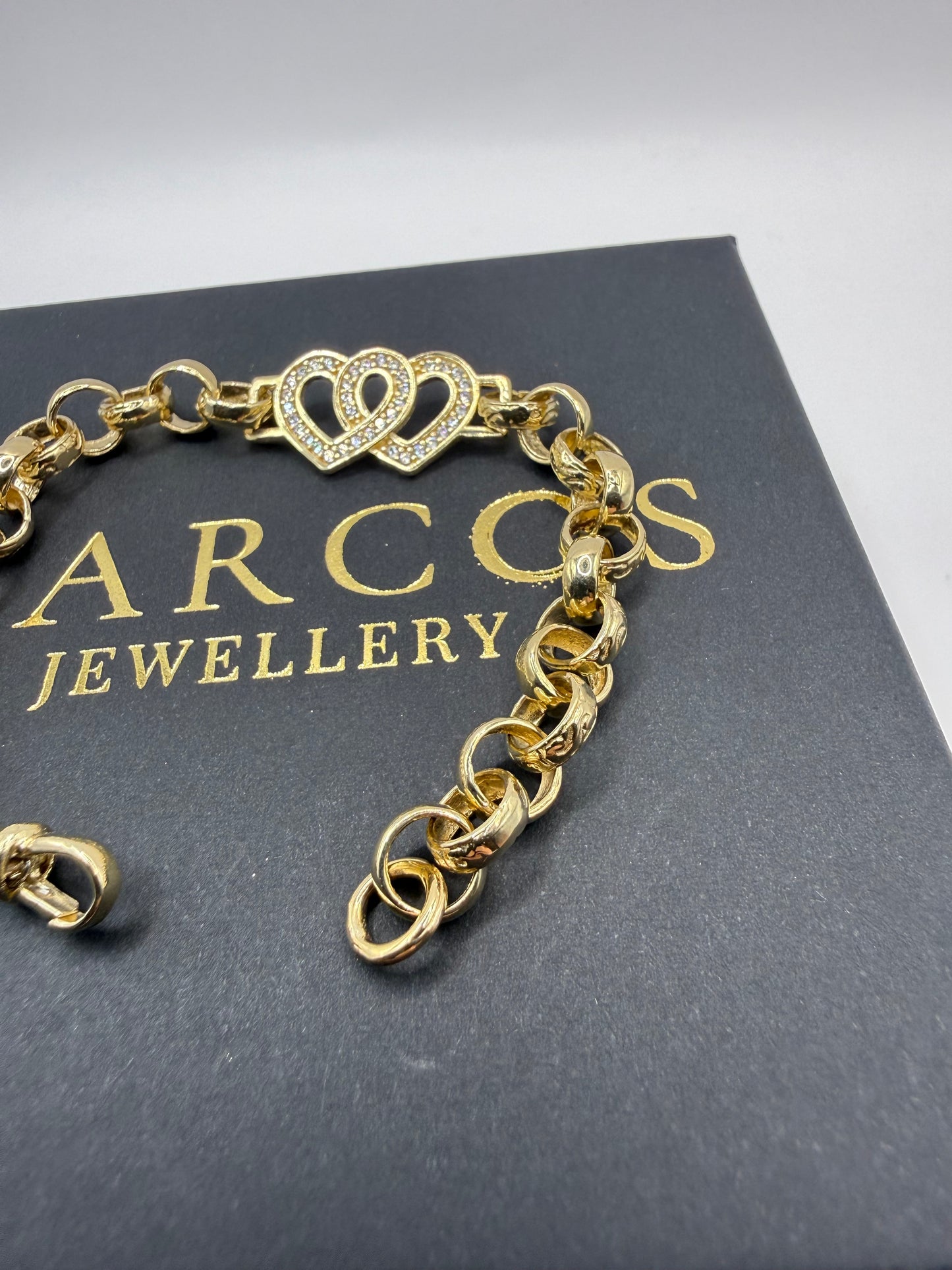 9ct Gold Belcher X Heart Bracelet CZ 7” 7-13mm 12.29g