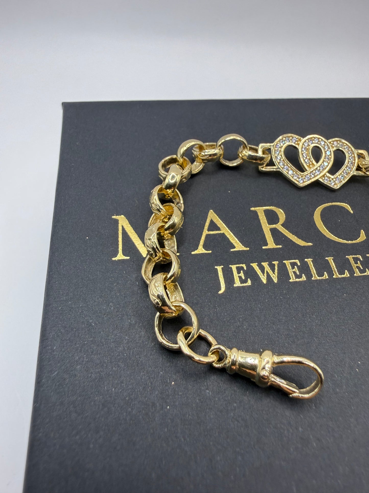 9ct Gold Belcher X Heart Bracelet CZ 7” 7-13mm 12.29g