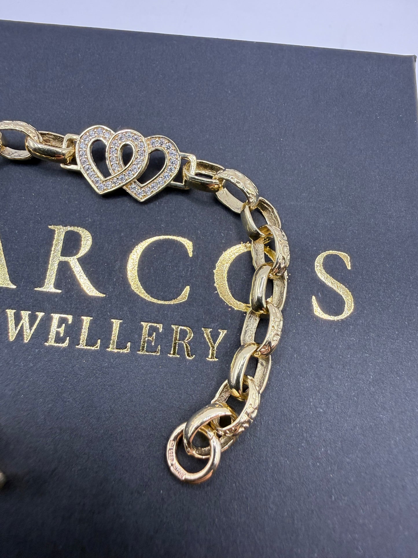 9ct Gold Belcher X Heart Bracelet CZ 6” 6-11mm 8.37g