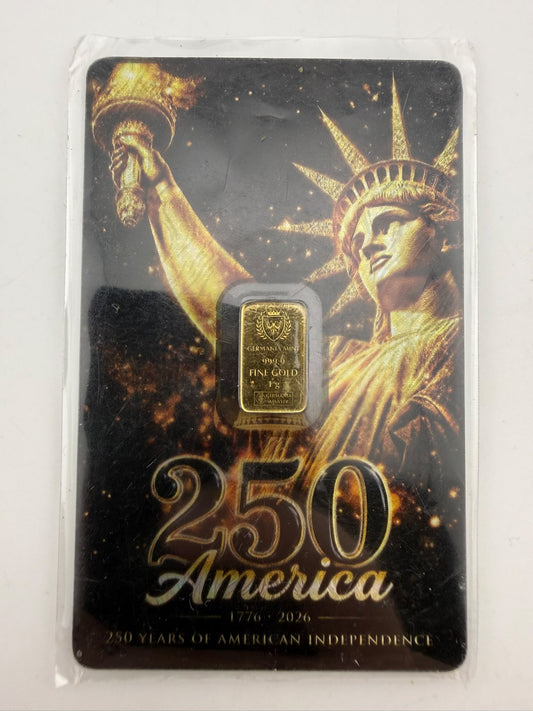 Germania Mint 1g 999.9 Fine Gold Bar Limited Edition 250 American Independence