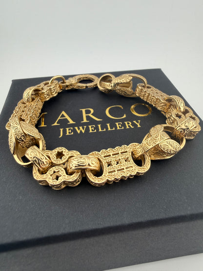 9ct Gold Stars Bars & Tulip Bracelet 9.25" 14mm 45.17g