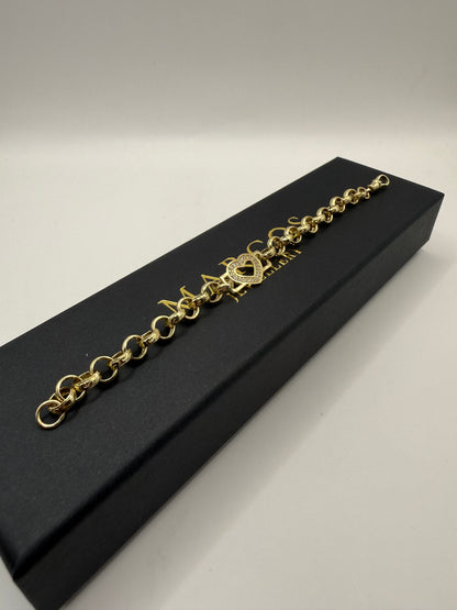 9ct gold CZ heart belcher bracelet 7.5” 7/11mm 12.26g