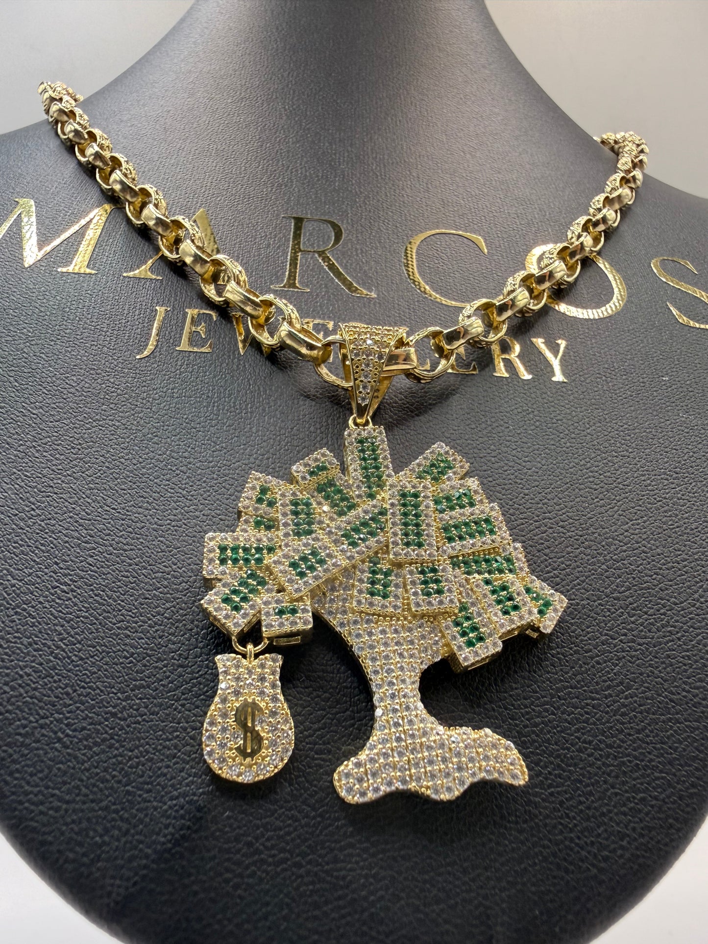 9ct Gold Stone Set Money Tree Pendant 2" 36mm 6mm Bale 9.3g