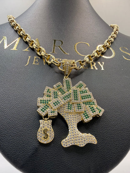 9ct Gold Stone Set Money Tree Pendant 2" 36mm 6mm Bale 9.3g