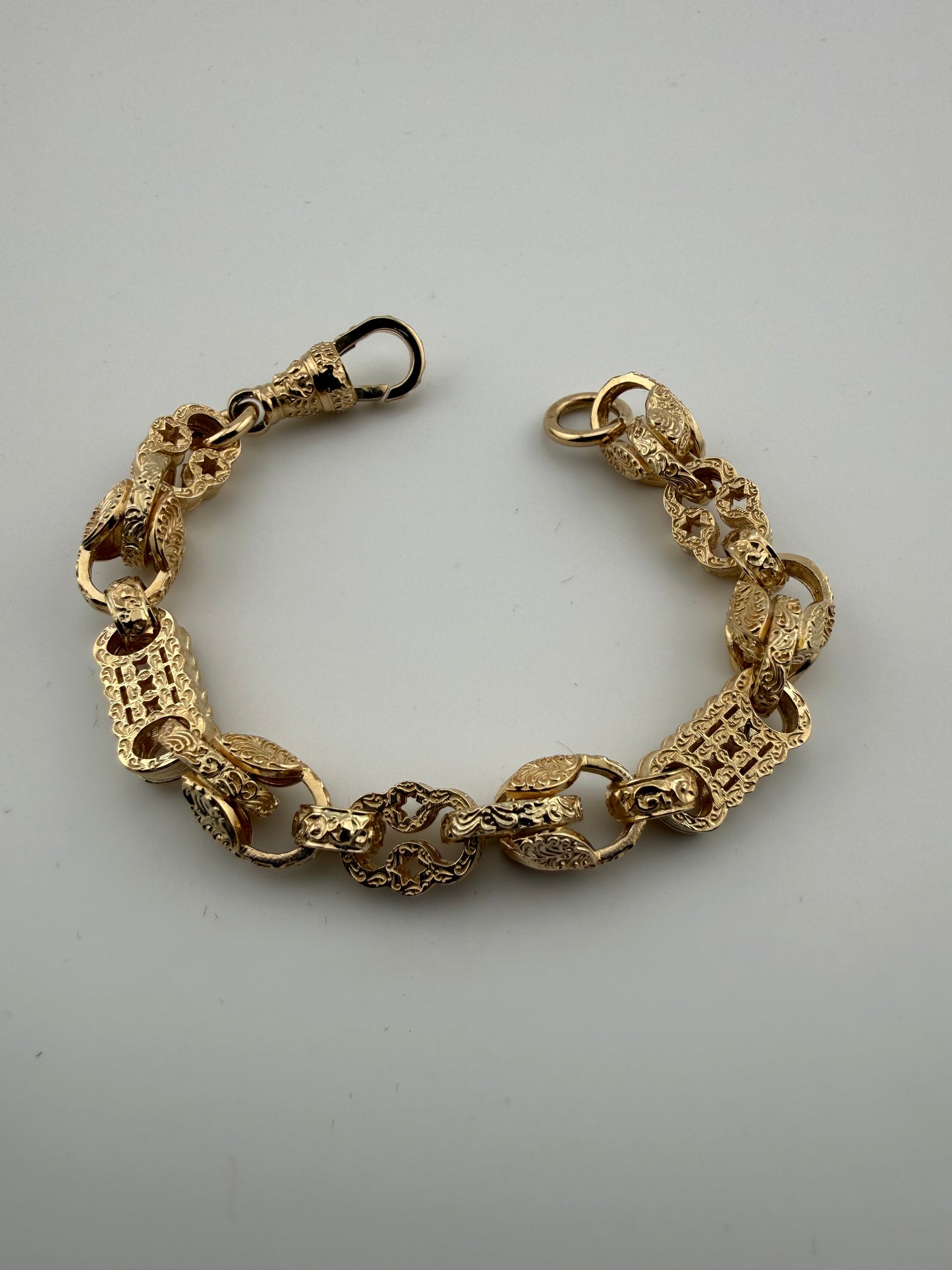 9ct Gold Stars & Bars & Tulip Bracelet 7.2" 10mm 26.59g