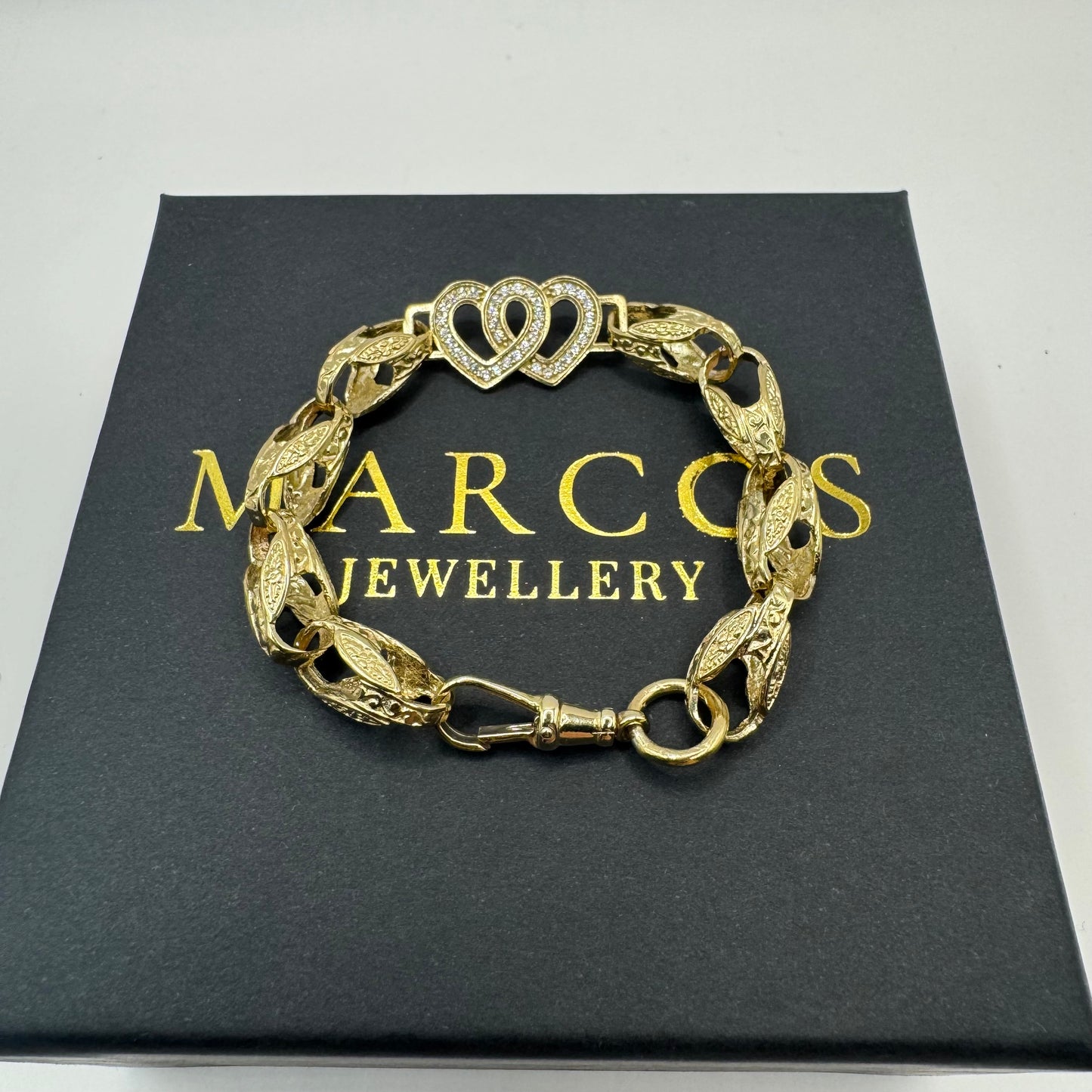 9ct Gold Tulip X Heart Bracelet CZ Stones 7" 13mm 14.6g