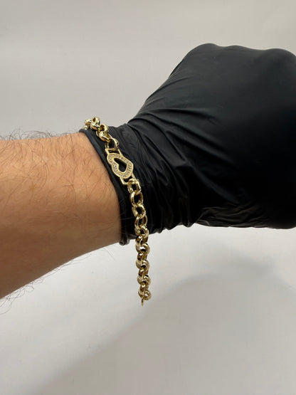 9ct gold CZ heart belcher bracelet 7.5” 7/11mm 12.26g