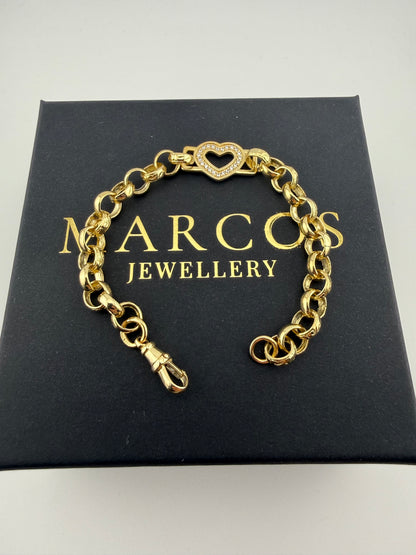 9ct Gold Belcher Heart Bracelet CZ Stones 7.25" 7-12mm 12.5g