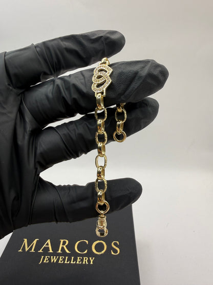 9ct Gold Belcher X Heart Bracelet CZ 6” 6-11mm 8.37g