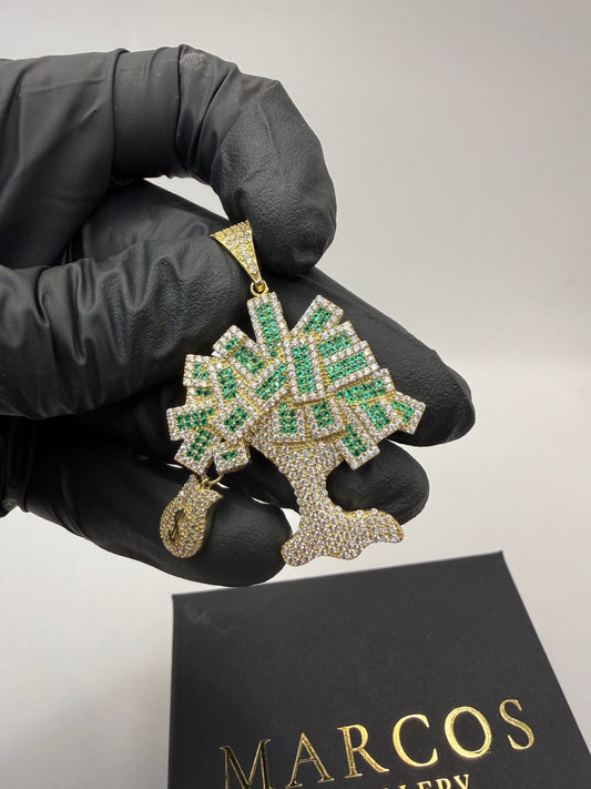 9ct Gold Stone Set Money Tree Pendant 2" 36mm 6mm Bale 9.3g