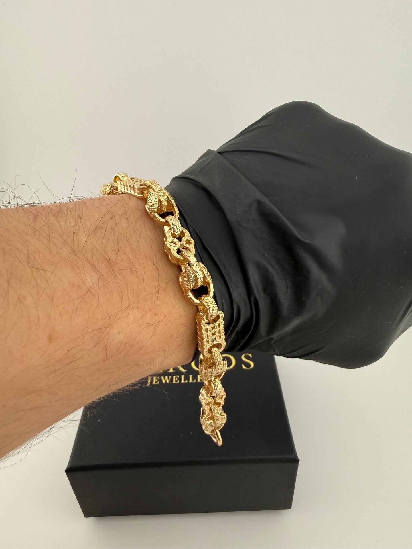 9ct Gold Stars & Bars & Tulip Bracelet 7.2" 10mm 26.59g