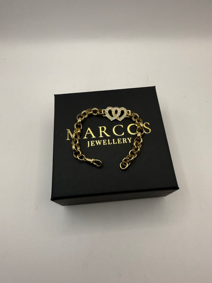 9ct Gold Belcher X Heart Bracelet CZ 7” 7-13mm 12.29g