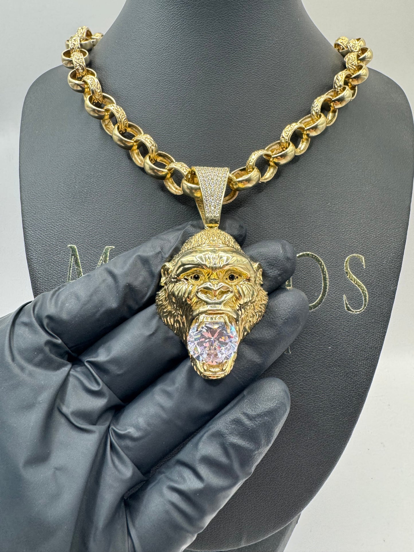 9ct Hollow Gold CZ Gorilla Pendant