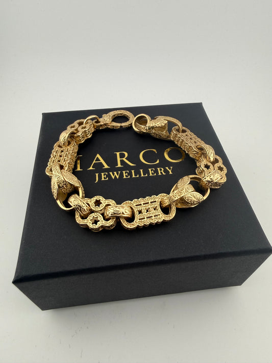 9ct Gold Stars Bars & Tulip Bracelet 9.25" 14mm 45.17g