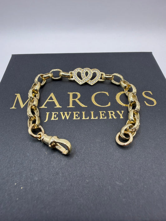 9ct Gold Belcher X Heart Bracelet CZ 6” 6-11mm 8.37g