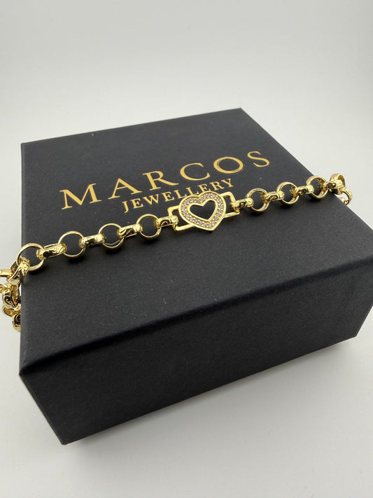 9ct Gold Belcher Heart Bracelet CZ Stones 7.25" 7-12mm 12.5g