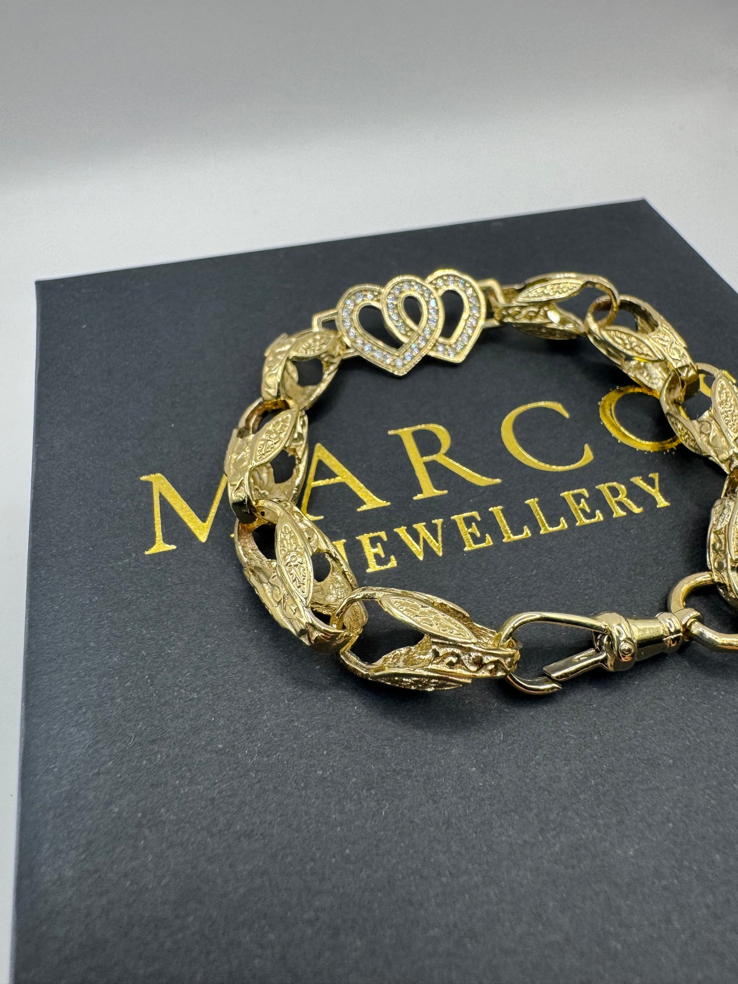 9ct Gold Tulip X Heart Bracelet CZ Stones 7" 13mm 14.6g