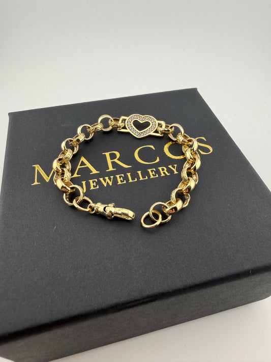 9ct Gold CZ Heart Belcher Bracelet 6.5" 7.5mm 10.8g