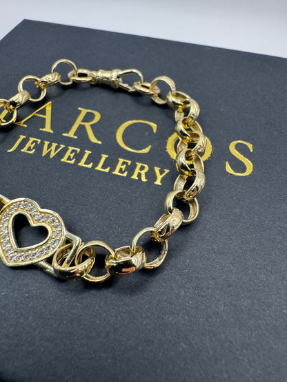 9ct Gold Tulip X Heart Bracelet CZ Stones 7" 13mm 14.6g