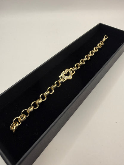 9ct gold CZ heart belcher bracelet 7.5” 7/11mm 12.26g