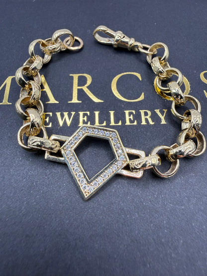 9ct Gold Baby Diamond Shape CZ belcher bracelet 6" 7mm 10.5g