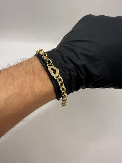 9ct gold CZ heart belcher bracelet 7.5” 7/11mm 12.26g