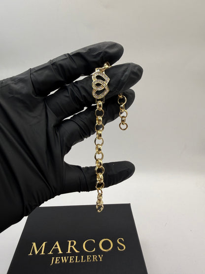 9ct Gold Belcher X Heart Bracelet CZ 7” 7-13mm 12.29g