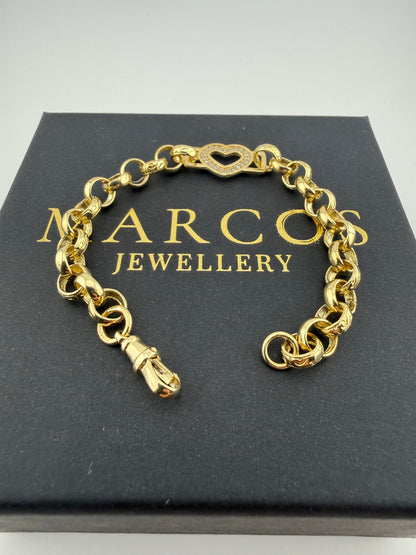 9ct Gold Belcher Heart Bracelet CZ Stones 7.25" 7-12mm 12.5g