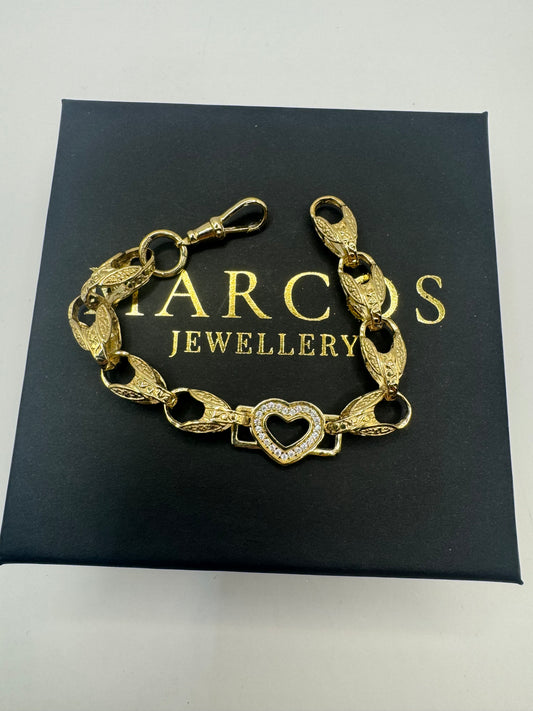 9ct Gold Tulip X Heart Bracelet CZ Stones 6.7" 8/12mm 14g