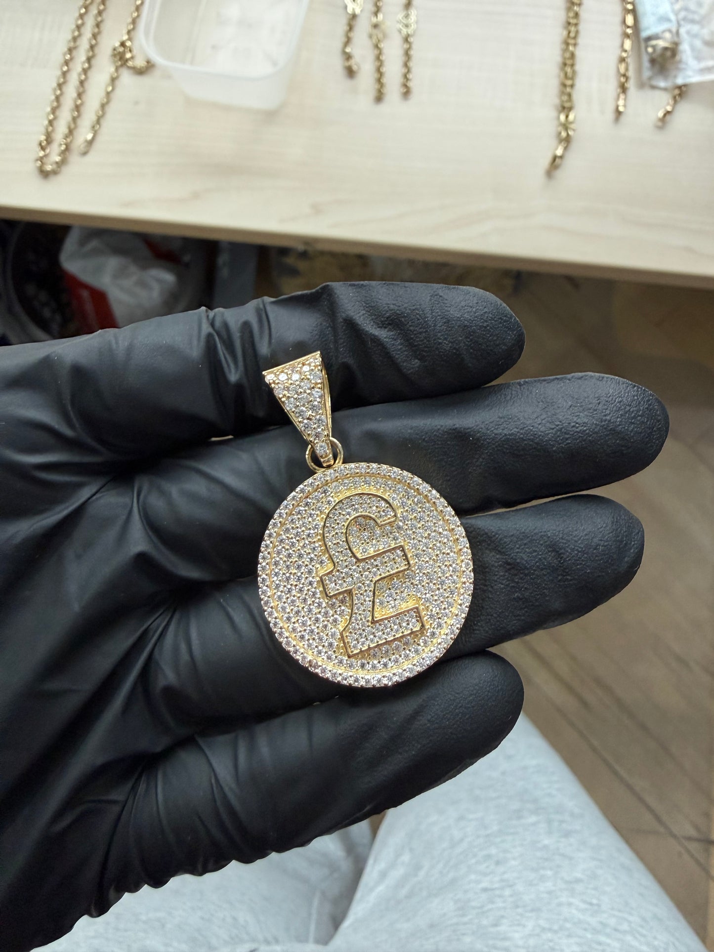 9ct Gold Pound Sign Pendant 1.9" 29mm 9mm bale 12.1g