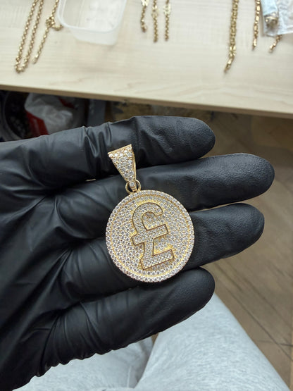 9ct Gold Pound Sign Pendant 1.9" 29mm 9mm bale 12.1g