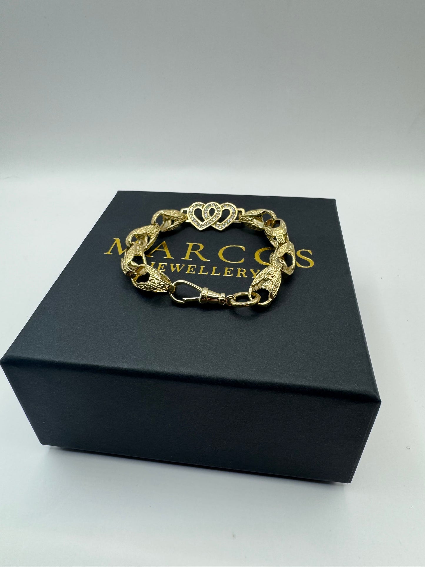 9ct Gold Tulip X Heart Bracelet CZ Stones 7" 13mm 14.6g
